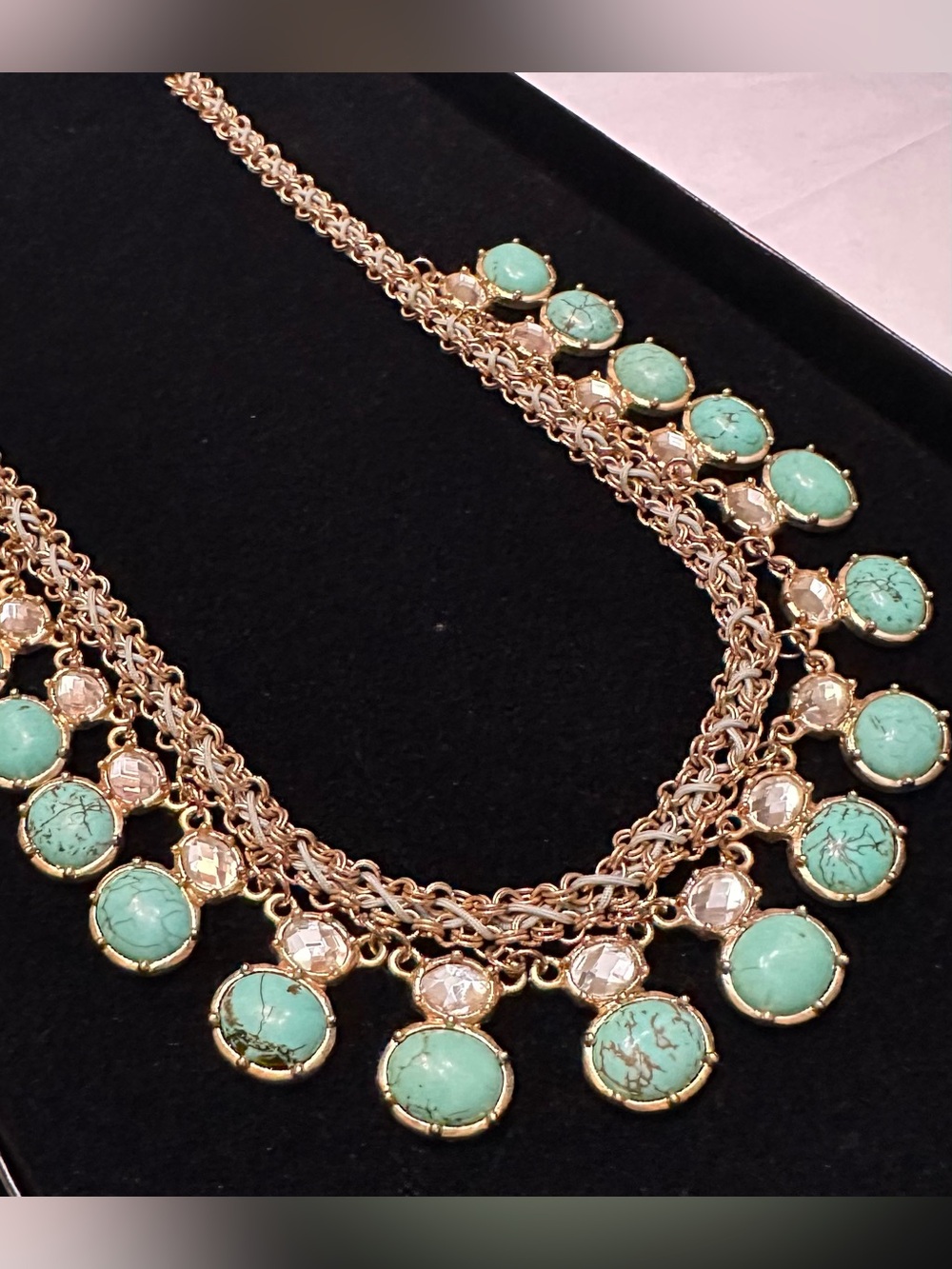 Turquoise & Diamonite Crystal Bib Necklace Faux Fit For a Queen Egyptian Revival